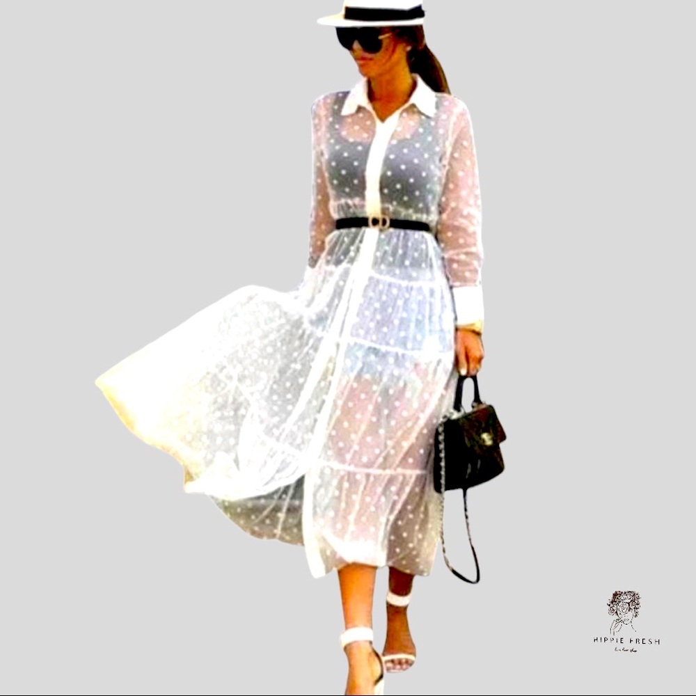 Zara White Polka Dot Sheer Tulle Long Dress S